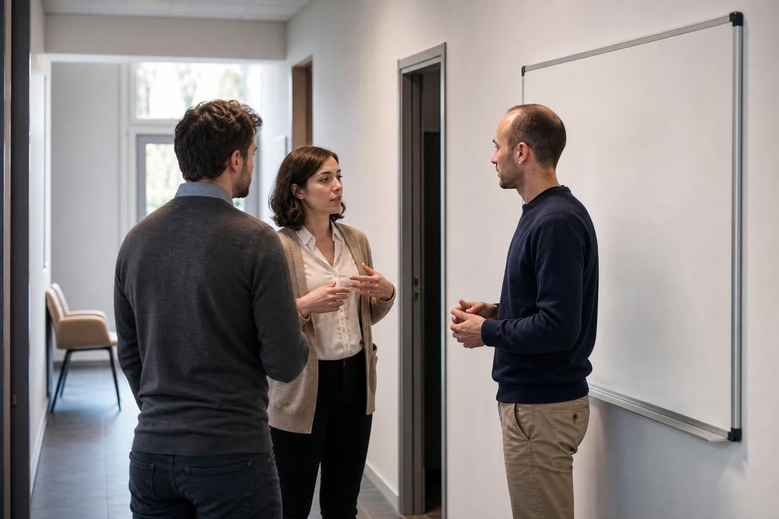 Dans un couloir de formation, une femme discute avec deux hommes debout près d’un tableau blanc, avec quelques chaise…