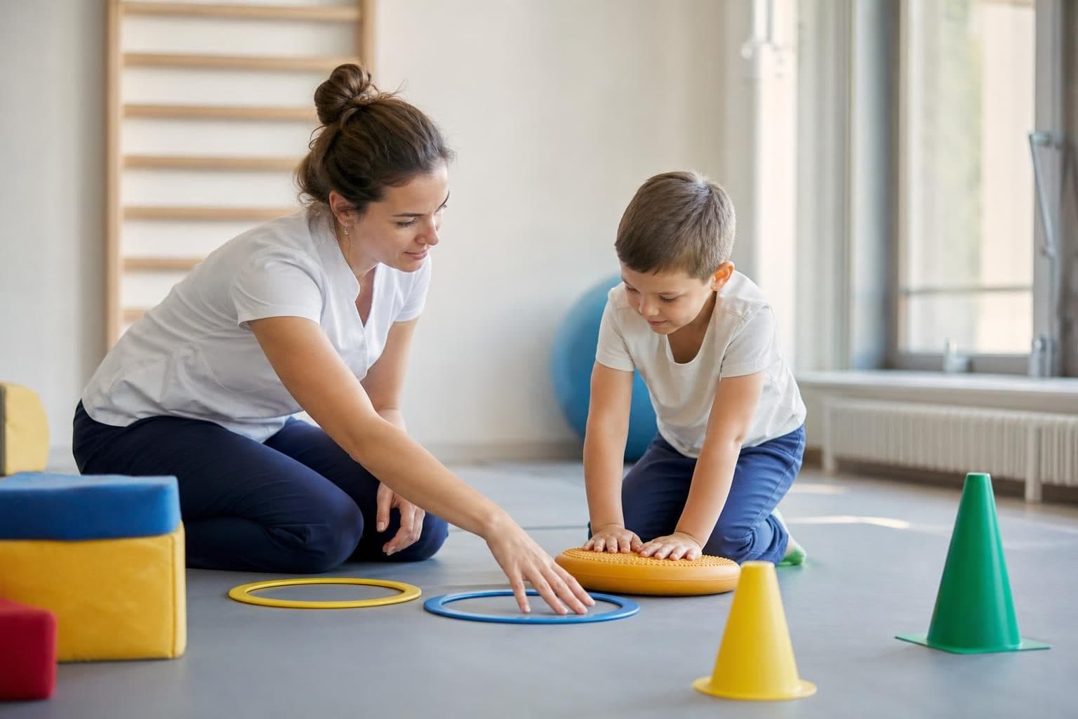 Une femme en tenue de sport accompagne un jeune garçon dans une salle de rééducation avec tapis, cercles au sol, cône…