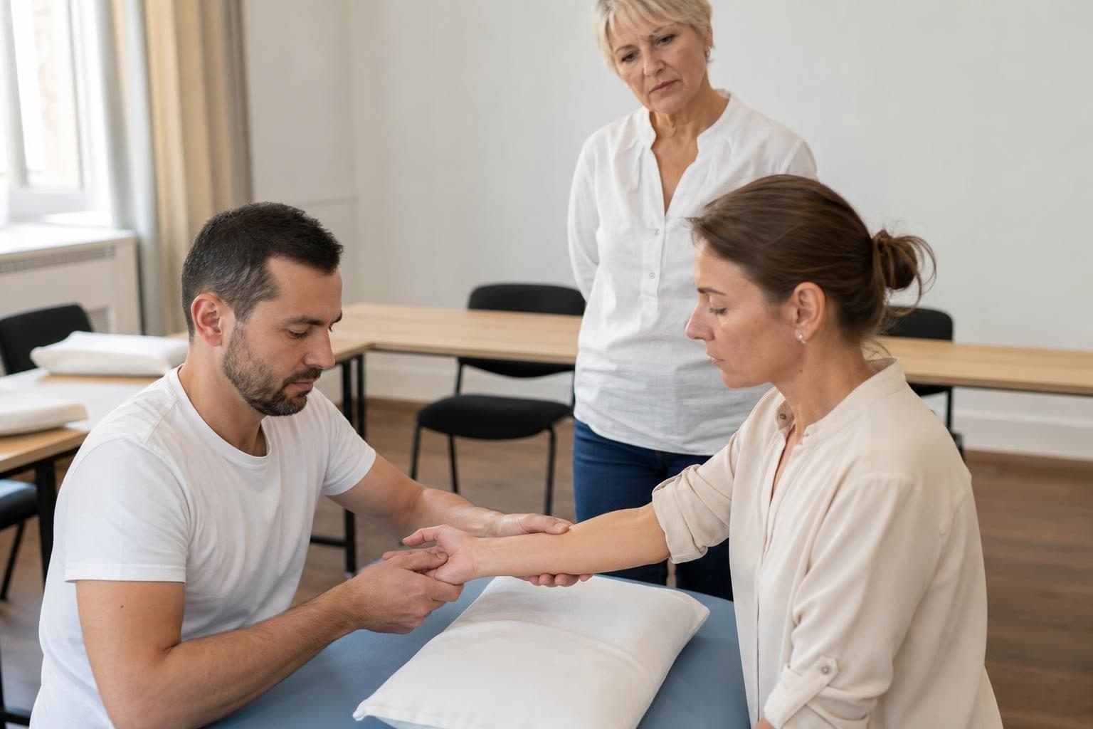 Dans une salle de formation lumineuse, un homme et une femme sont assis face à face autour d’une table.
